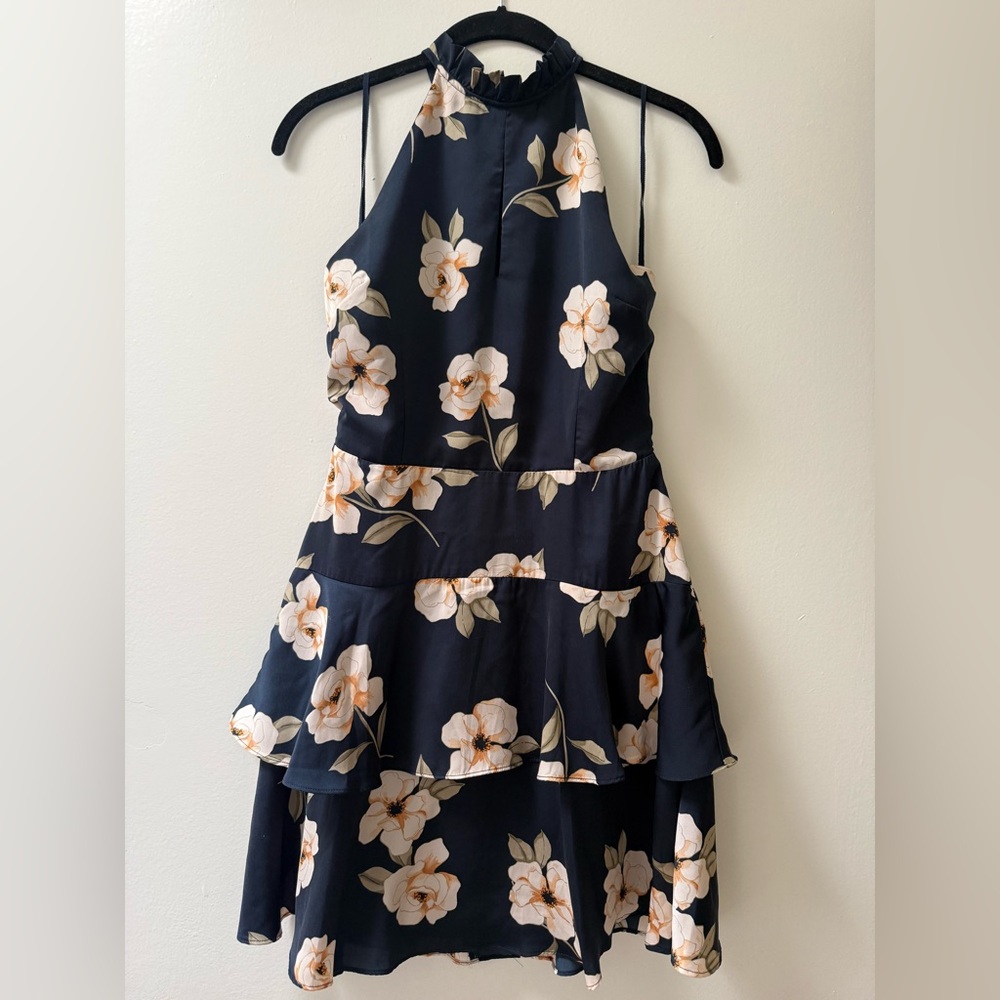 BB Dakota Navy Floral Halter Tiered Dress